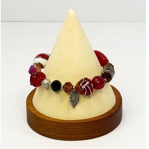 Red Glass Beaded Stretch Bracelet Silver Leaf‎ Charm Mixed Media Artisan Style